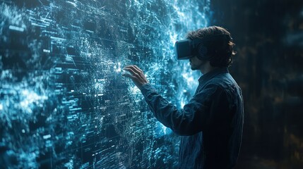 Man in VR headset interacts with data visualized on large digital screen