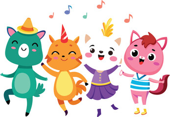 Four Cute Cartoon Cats Dancing and Singing Together