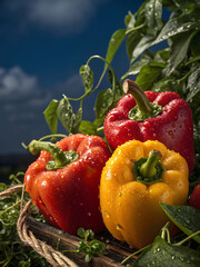 fresh vegetables in a basket on wooden table