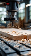 Wood chips are flying through the air as a saw processes wood, creating a flurry of shavings in a busy carpentry workshop