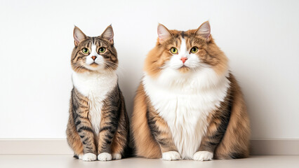 Obraz premium Two fluffy cats, skinny and fat, sitting side by side indoors against a plain white wall
