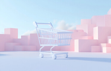 Minimalist shopping experience visualized in soft pastel tones with geometric backdrop