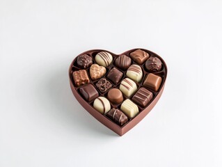 Heart shaped box of assorted chocolates isolated on white background