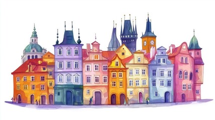 Obraz premium Old Town Square in Prague. Old Town Square in Prague hand drawn watercolor illustration