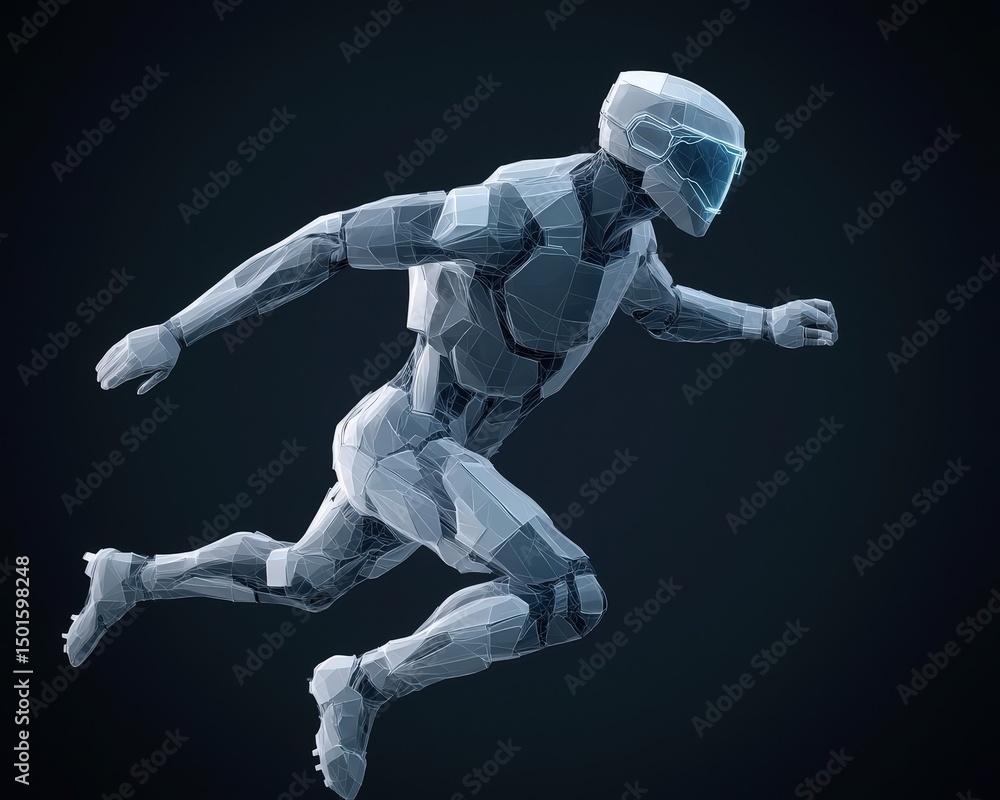 Poster a futuristic humanoid robot in a dynamic running pose, rendered with a polygonal, metallic design ag