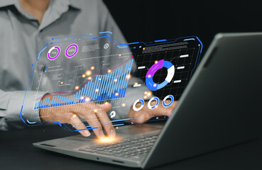 Artificial intelligence and data analysis concept. Businessman using AI-powered technology to...