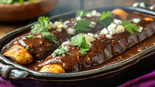 A traditional Mexican dish with enchiladas in a rich mole sauce, garnished with cilantro and onions.