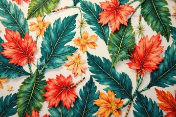 Repetitive leaf print on fabric, botanical design, leaves, art, nature