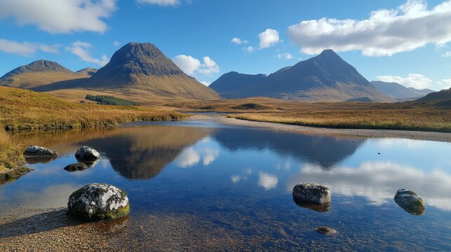 Scenic Scottish Highlands landscape with river and mountains. Use it to illustrate travel, nature, and stunning landscapes.