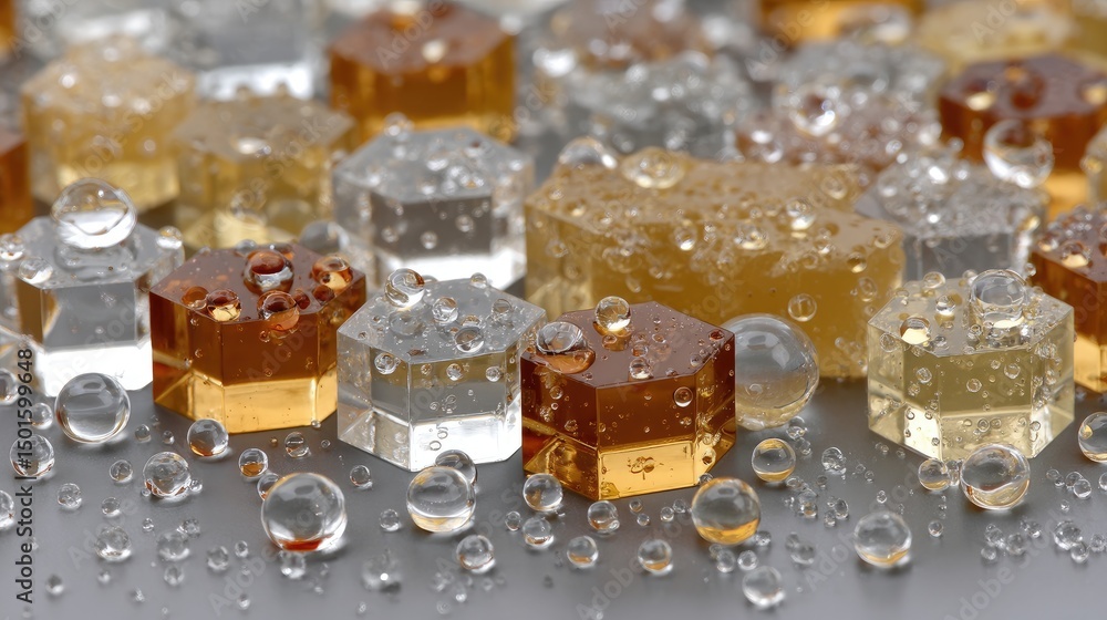 Poster sunlight illuminates a close-up golden honeycomb pattern, highlighting sparkling droplets on an abst