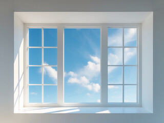 
A bright, minimalist window with wooden frames offers a clear view of a sunny blue sky with fluffy white clouds, evoking peace and openness.