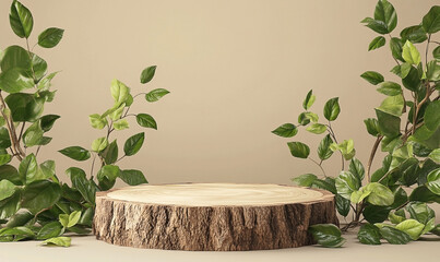 Rustic wooden platform showcasing green leafy branches against a neutral backdrop