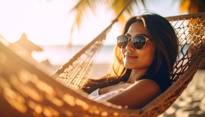 A cinematic close-up of a young lady wearing sunglasses, relaxing in a hammock on a sunny beach, basking in dramatic lighting and ocean breeze, capturing a serene, stylish moment of carefree joy