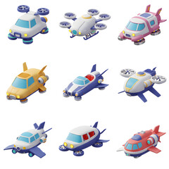 set of cartoon flying car icons