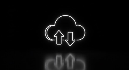 White Pixel Cloud Upload Download Icon on Black Reflective Background