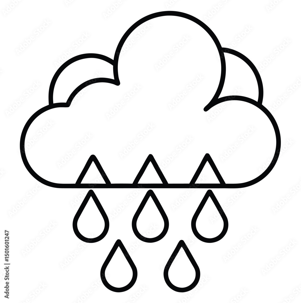 Poster a minimalist line drawing of a cloud with raindrops falling from it. the cloud is rounded with a sma