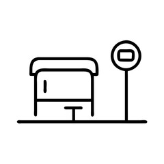 Simple bus stop icon with waiting area and sign on transparent background