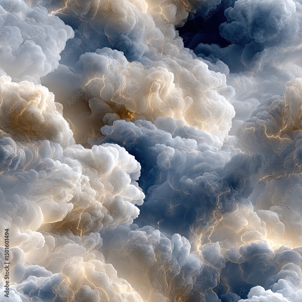 Poster fluffy white clouds float on a dark backdrop, creatively interlinked with shimmering golden lines fo