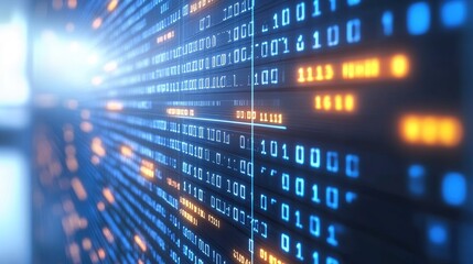Obraz premium Glowing binary code streams down a dark digital wall, showcasing data flow and technological advancement