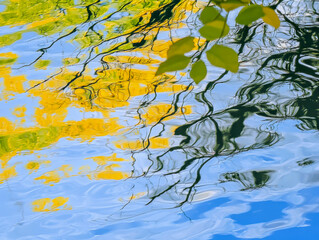 A serene river captures the essence of spring, showing vibrant foliage mirrored on its calm surface