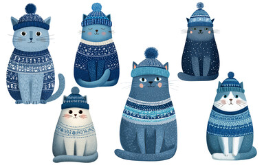 Flat vector winter cat wearing knit hat, blue tones and soft expression