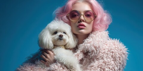 Trendy Woman with Pink Hair and White Dog on Vibrant Blue Background