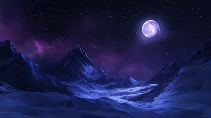 Fototapeta premium Mystical winter mountain landscape illuminated by bright glowing full moon starry night sky image