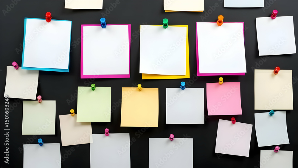 Poster blank sticky notes: a collection of colorful sticky notes, attached to a dark surface, creates a vis