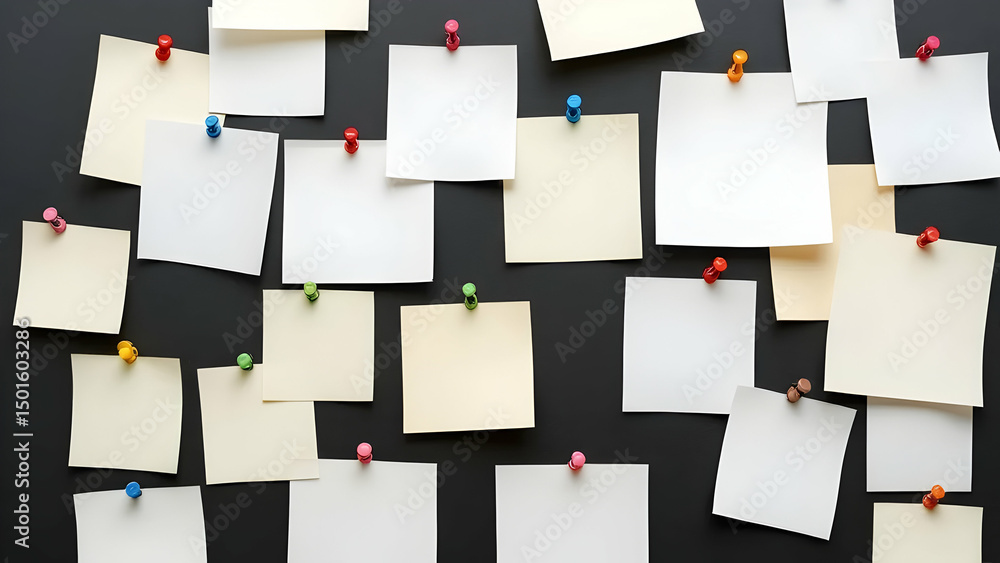Poster note organization: scattered notes with pins create a versatile backdrop, perfect for conveying conc