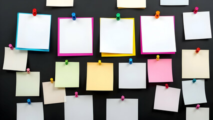 Blank Sticky Notes: A collection of colorful sticky notes, attached to a dark surface, creates a visual tapestry for concepts, ideas, and personalized reminders.