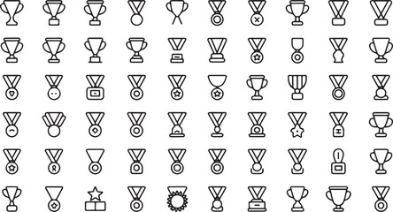 Collection of award icons featuring trophy cups medals and victory signs in a modern minimal outline style ideal for competition celebration graphics