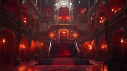 Crimson Grand Staircase: A Gothic Mansion's Enthralling Interior