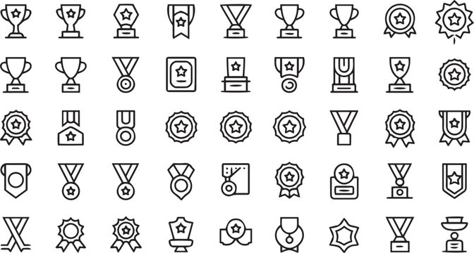 Minimalist trophy and medal icon set representing award ceremony and victory celebration in a clean and editable stroke design for professional use