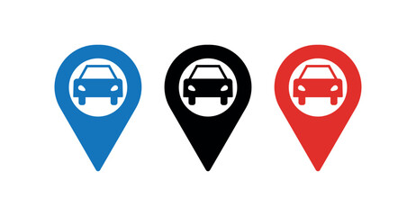 Parking Pin Icon Set, Car Marker for Navigation App, GPS Vehicle Locator, Travel Map, City Guide, Urban Spot Symbol Vector