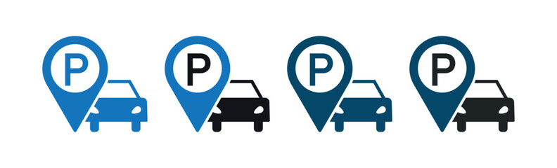 Parking Location Pin with Car Icon Set, Vector GPS Map Marker for Vehicle Parking, Navigation App, City Guide, Travel Planner, Urban Locator Symbol