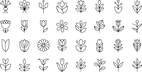 Minimal flower icon collection featuring thin line designs of tulips and floral bouquets great for elegant natural branding and spring themed graphics