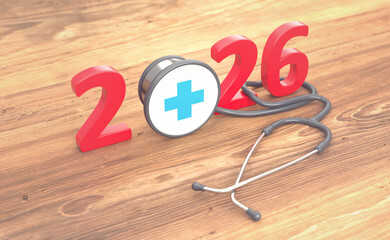 New Year 2026 Creative Design Concept with stethoscope - 3D Rendered Image	
