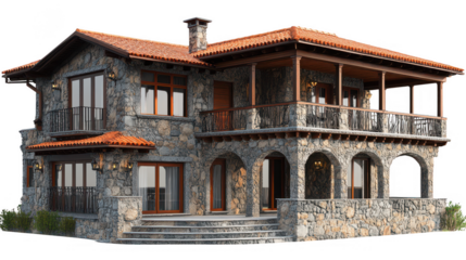 Luxurious Stone House with Balcony and Authentic Architecture PNG transparent background