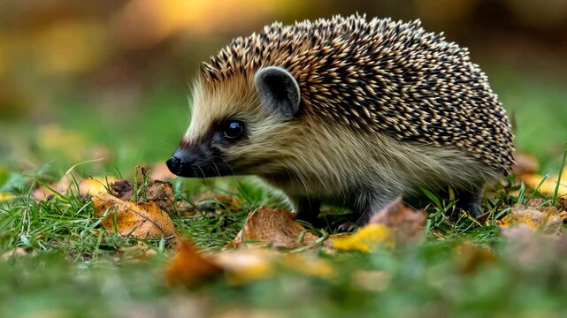 Adorable hedgehog walking through autumn leaves on a grassy area, exuding innocence and charm.