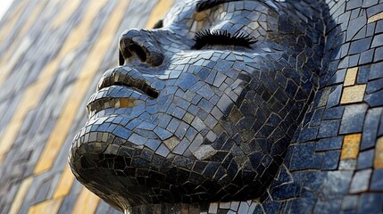 Mosaic Face Sculpture with Closed Eyes Against Wall