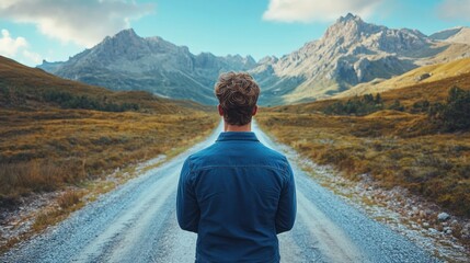Naklejka premium Man on road to mountains