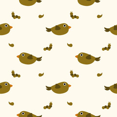 Bird green cartoon so cute. On worm leaf background. Pattern seamless vector illustration. 