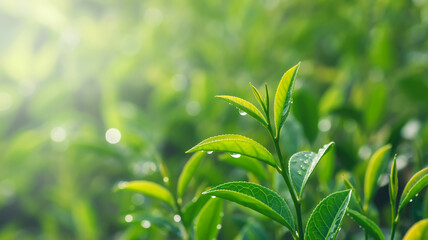 Fototapeta premium A close-up nature photograph of fresh green tea leaves in sharp focus against a soft, blurred background .