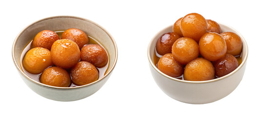 Set of Sweet Juicy Gulab Jamuns in White Bowl with Syrup, isolated