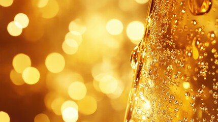 Golden, bubbly liquid in a glass against a bokeh background