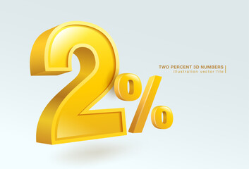 Two percent number or 2% special offer isolated on white background. 3d illustration vector file.