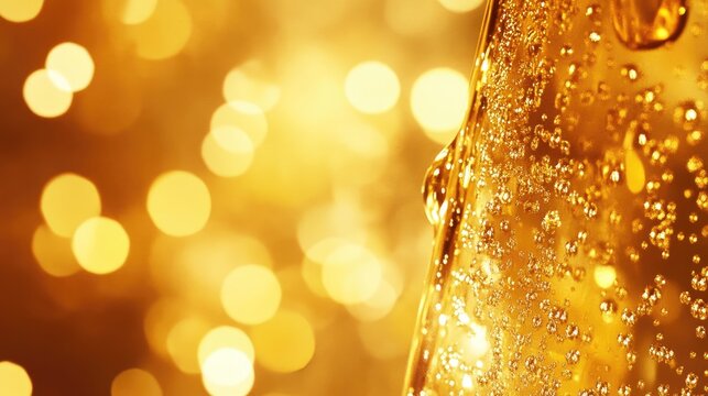 Golden, bubbly liquid in a glass against a bokeh background