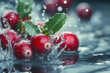 Fresh cranberries with green leaves are splashing in cool, clear water. Use this image for holiday recipes and healthy living concepts.