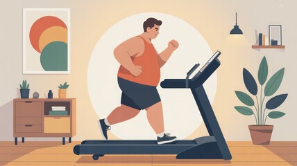 Overweight Man on Treadmill in Home Gym – Motivational Fitness Poster Generative AI