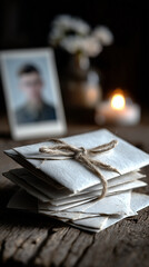 Stack of Old Letters with Candlelight and Portrait – Memory and Tribute